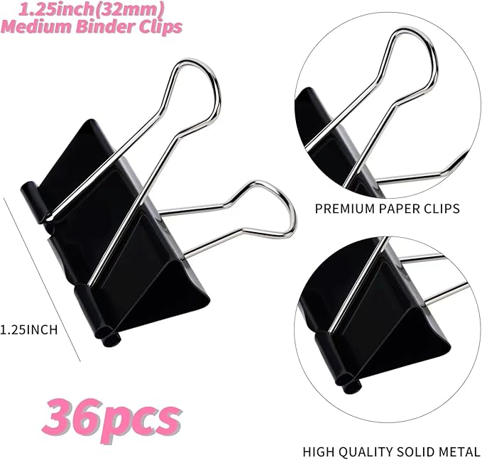Binder Clips, Medium Binder Clips,36 Pcs 1.25 Inch,Black Metal Binder Clips and Paper Clips for Office, Home, School
