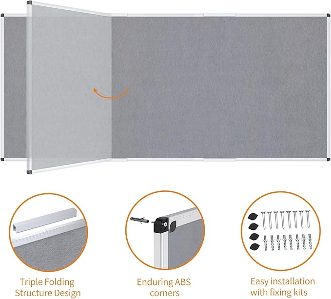VIZ-PRO Large Fabric Bulletin Board/Foldable Notice Board Felt Gray, 96 X 48 Inches, Silver Aluminium Frame
