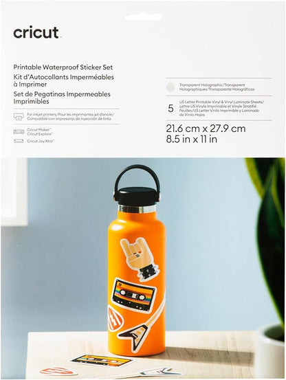 Cricut Printable Holographic Sticker Paper - US Letter Size (8.5in x 11in), Waterproof Sticker Paper for Printer, Compatible with Cricut Maker, Explore 3, & Cricut Joy Xtra, Transparent (5 Ct)