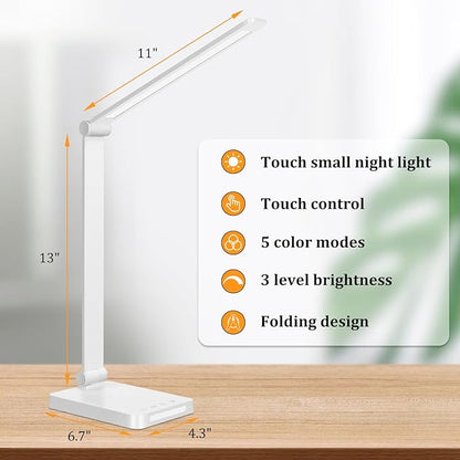 Dott Arts LED Desk Lamp with USB Ports,Touch Desk Lamps for Home Office with 5 Color Modes,3 Brightness Desk Light with Small Night Light,Reading Lamp Table LED Lamp for Bedroom Bedsid Study White
