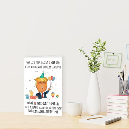 Funny Trump 18th Birthday Card for Him Her, Humorous Donald 18th Birthday Gift for Son Daughter, Happy 18 Year Old Birthday Card Gifts for Boy Girl