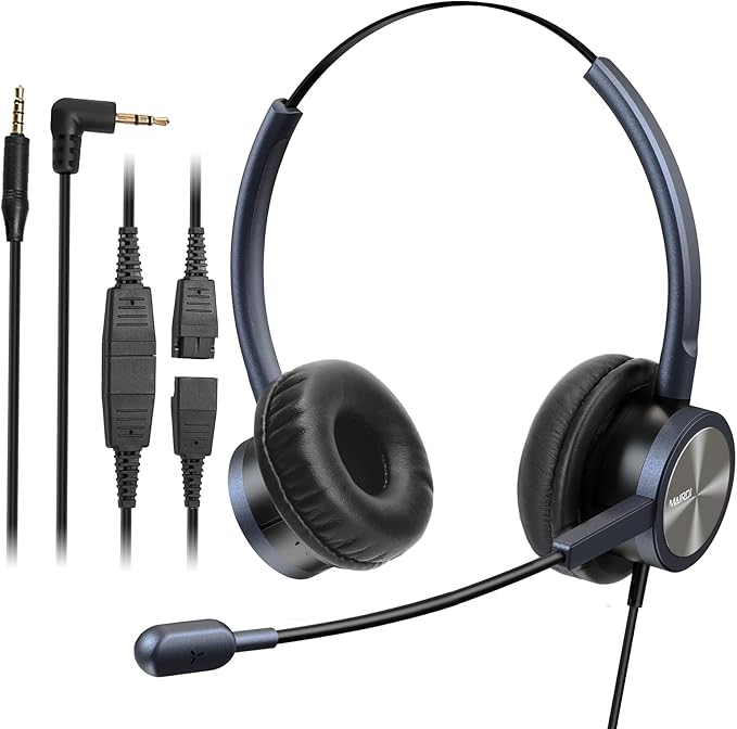 Phone Headset with 2.5mm & 3.5mm Connector for Deskphone Cell Phone PC Laptop, CallCenter Office Headset with Microphone Noise Canceling for Panasonic AT&T Vtech Cordless DECT Phone for Polycom