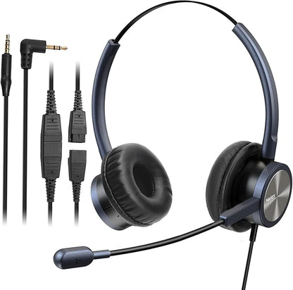 Phone Headset with 2.5mm & 3.5mm Connector for Deskphone Cell Phone PC Laptop, CallCenter Office Headset with Microphone Noise Canceling for Panasonic AT&T Vtech Cordless DECT Phone for Polycom