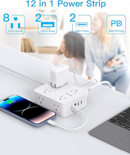 10 Ft Extension Cord with Multiple Outlets, Flat Plug Power Strip Surge Protector 10 Ft Long Cord, 8 Outlets, 30W USB C Charger (2 USB C Ports), Multi Plug Wall Outlet for College Dorm Room Essentials