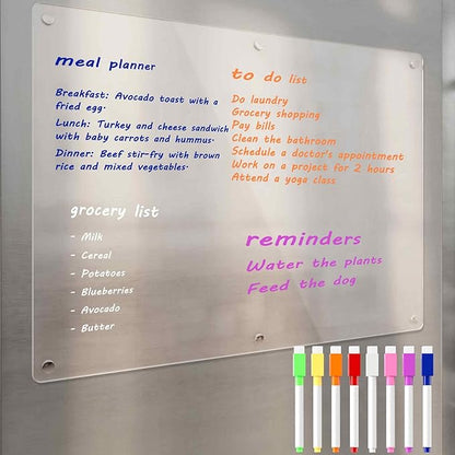 Acrylic Magnetic Dry Erase Board for Fridge, Clear Whiteboard for Refrigerator, Notepad Memo to Do/Grocery List White Board, w/ 8 Colors Markers, 15"x11"