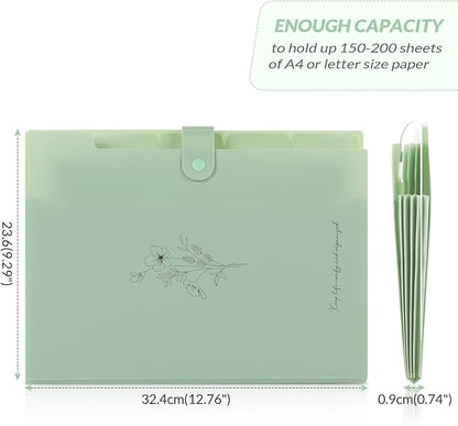 SKYDUE Expanding File Folder with 5 Pockets, Aesthetic Accordion File Organizer, Portable Document Paper Bill Receipt Organizer, School Office Supplies, Letter/A4 Size, (1, Pea Green)