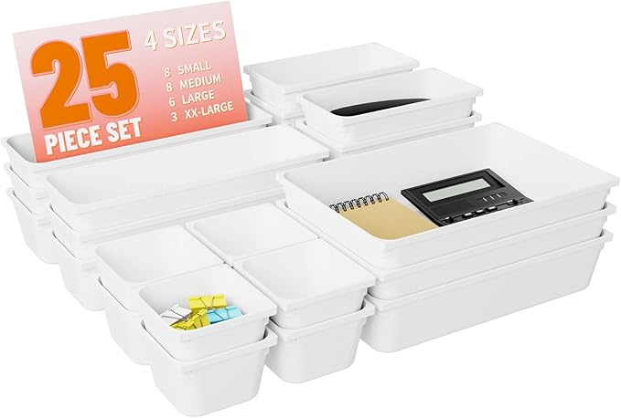 25 pc Plastic Drawer Organizer Set,4 Size Small Storage Containers for Organizing Jewelry,Utensil,Junk,Tea,Makeup,Shallow Drawer Organizers Tray Suitable for Office,Desk,Bathroom,Vanity,Kitchen,White