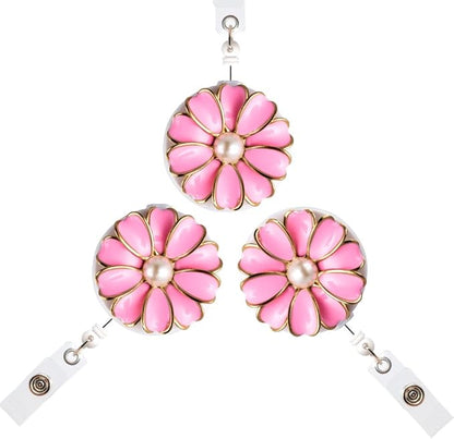 Retractable Badge Holder, ID Badge Reel with Pearl, 3 Pack (Pink)