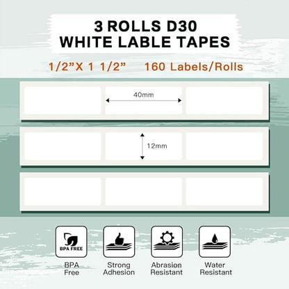 Phomemo Labels-D30 Adhesive Thermal White Label Paper 1/2" X 1 1/2" (12mm X 40mm) 160 Labels/Roll, Black on White, 3 Roll, for Home,Kitchen,School,Office,Gift,Organization