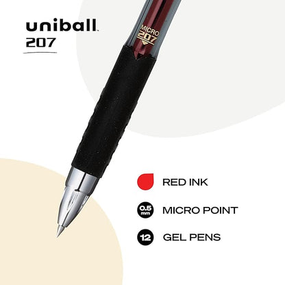 uniball Signo 207 Gel Pen, Retractable, Micro 0.5 Mm, Red Ink, Smoke/black/red Barrel, Dozen