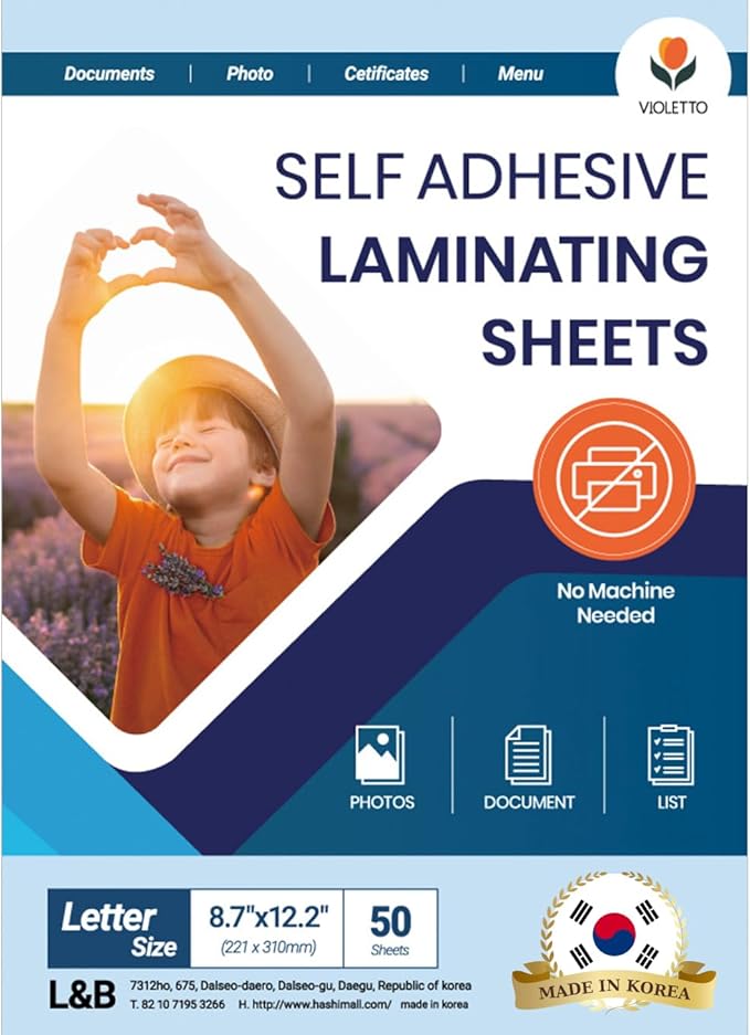 Self Stick Laminating Sheets 8.5 x 11 Inches, 4mil, Pack of 50, No Heat, No Machine, Peel and Stick Laminating Sheets, Self Adhesive Contact Paper, Self Sealing Clear Vinyl Stickers by VIOLLETO