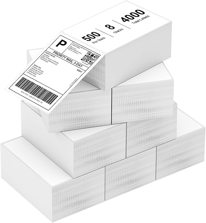 8 Stacks 4" x 6" Fanfold Direct Thermal Labels, Mailing Postage Shipping Label with Perforated, Compatible with Zebra, Rollo, MUNBYN, NELKO Label Printer(500 Labels/Stack, Total 2000 Labels)