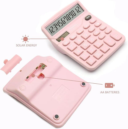 2PC Pink Calculator, Solar Battery Dual Power Calculator,Desktop Calculator 12 Digit with Large LCD Display, Pink Office Supplies with Sensitive Button, Pink Desk Accessories, School Supplies
