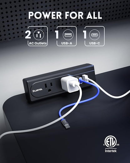 Desk Clamp Power Strip, 10FT Outlet Station with 2 Outlets, PD 20W Fast Charging, Flat Plug, 16 Gauge, Black Power Strip with USB C, Fit 1.72" Tabletop Edge