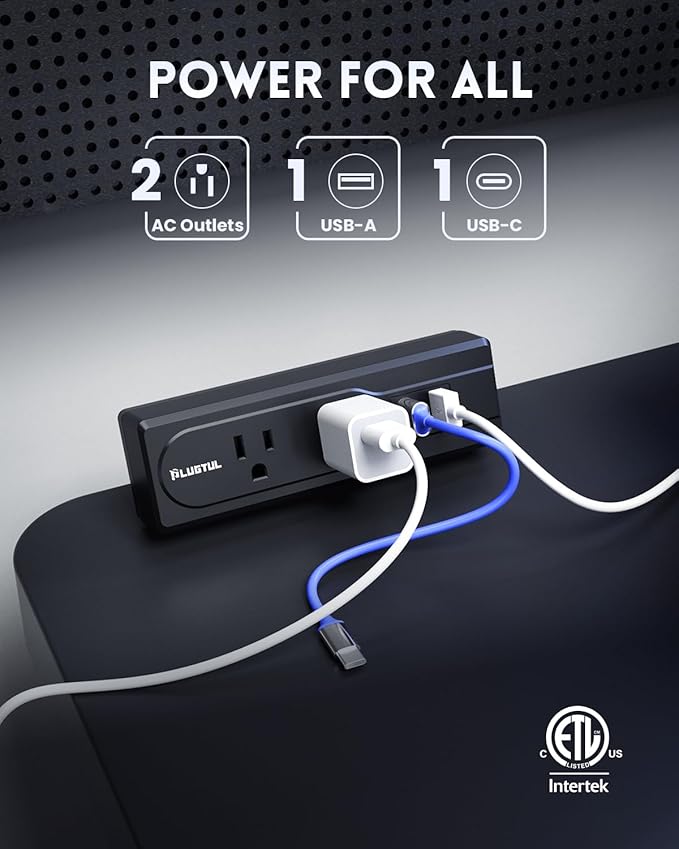 Desk Clamp Power Strip, 6FT Desk Outlet Station with 3 Outlet, PD 20W Fast Charging, Flat Plug, 16 Gauge, Black Desk Power Strip with USB C, Fit 1.72" Tabletop Edge