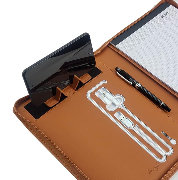 Phone Charging Business & Travel Portfolio w/Built-in Power Bank- Zipper Closure & Refillable Pad- Professional Organizer Padfolio That Charges Phones/Tablets on The Go (Brown)