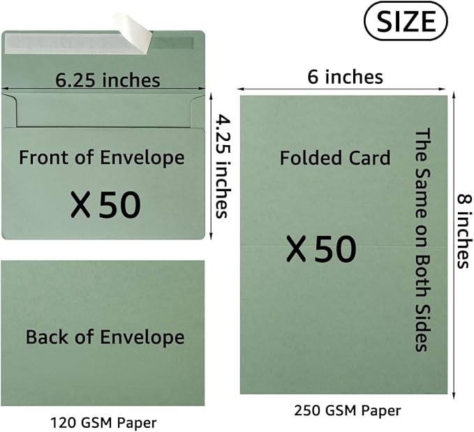 Wishop 50 Pack Self-Adhesive Envelopes with Fold Cards for Wedding Invitations, Greeting Cards, Baby Shower, Letter Mailing (Sage-Green, 4x6)