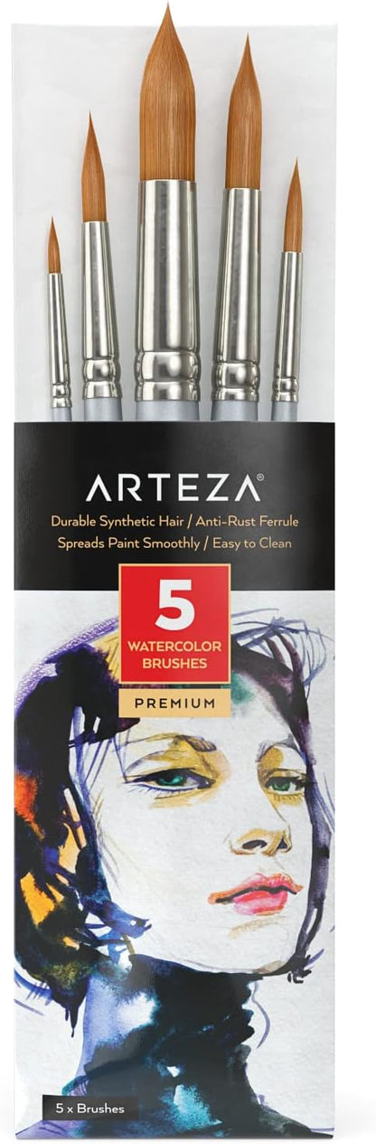 ARTEZA Watercolor Paint Brushes, Set of 5, Round Synthetic Soft-Bristle Brushes