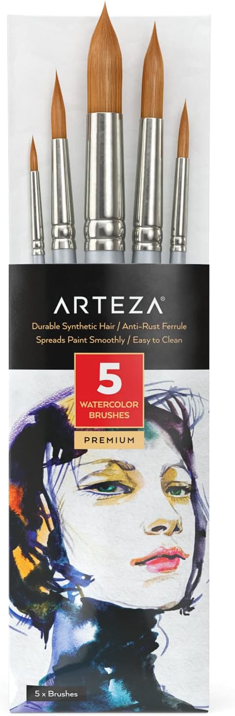 ARTEZA Watercolor Paint Brushes, Set of 5, Round Synthetic Soft-Bristle Brushes