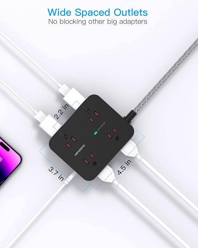 Extension Cord 25 Ft, Surge Protector Power Strip with 8 Outlets 4 USB Ports(2 USB C), Long Cord, Wall Mount, Desk USB Charging Station for Home Office College Dorm Room Essentials