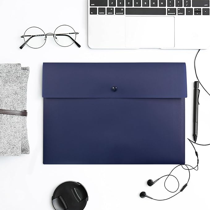 VANRA Poly File Folder Pockets File Jacket Plastic Envelope Flat Document Letter Organizer with Snap Button Closure A4 Letter Size (Pack of 5, Navy Blue)