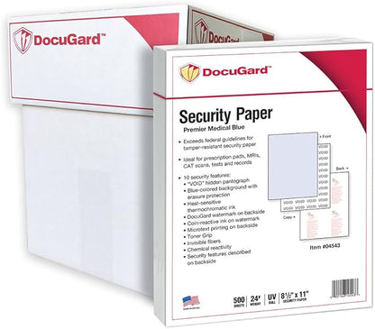 DocuGard Premier Medical Security Paper for Printing Prescriptions and Preventing Fraud, CMS Approved, 10 Security Features, Laser and Inkjet Safe, Blue, 8.5 x 11, 24 lb., 2500 Sheets (04543C)