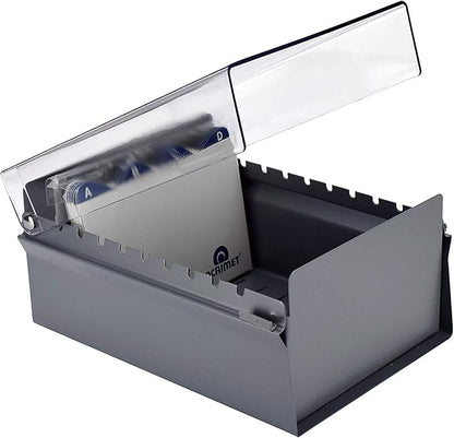 Acrimet 4 x 6 Card File Holder Organizer Metal Base Heavy Duty (AZ Index Cards and Divider Included) (Gray Color with Clear Crystal Plastic Lid Cover)