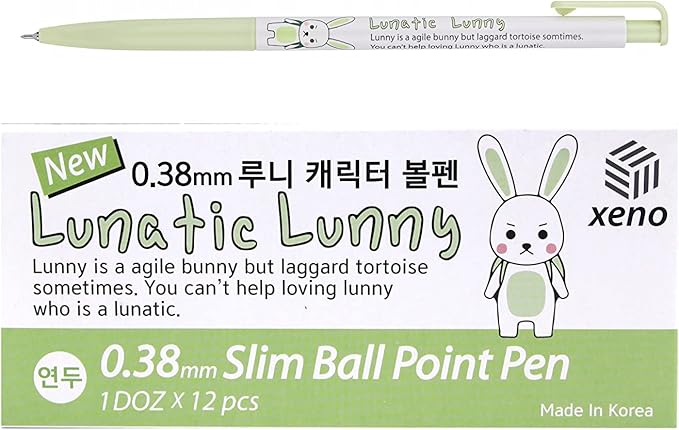 ZEESOON Xeno Lunatic Lunny 0.38mm Slim Ball Point Pen Dozen Box 12 Pcs, Made in Korea (Yellow Green 12pcs)
