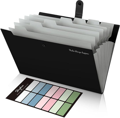 SKYDUE Expanding File Folders with Labels,8 Pockets Accordion File Organizer, Portable Document Paper Organizer, A4 Letter Size Filing Folder for Office, Pack of 4, Black