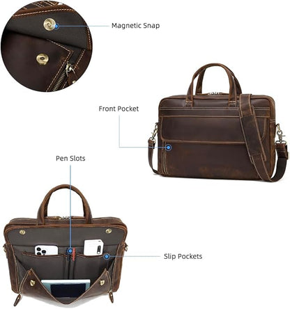 Full Grain 17.3" Leather Briefcase Messenger Laptop Bag For Men