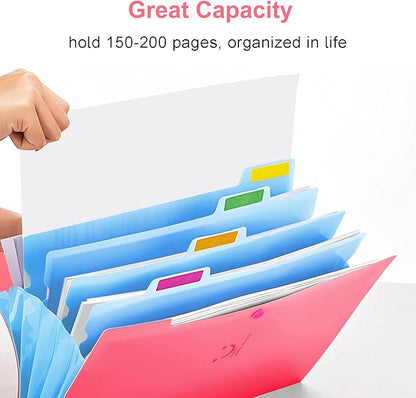 Forvencer Accordion File Organizer, Letter Size, 5 Pocket Expanding File Folder, Cute File Folder with Labels, Portable File Organizer for School Office Supplies, Folders for Documents, Fuchsia