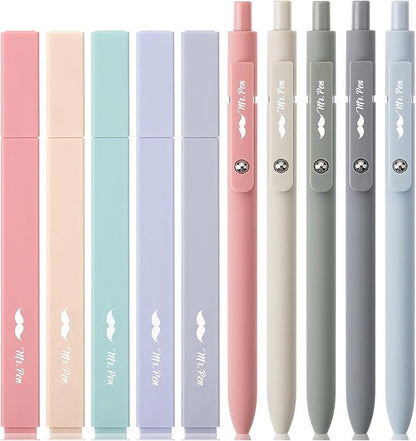 Mr. Pen Aesthetic Gel Pens & Highlighters No Bleed, 10 Pack - Morandi Color Bible Pens, Black Ink