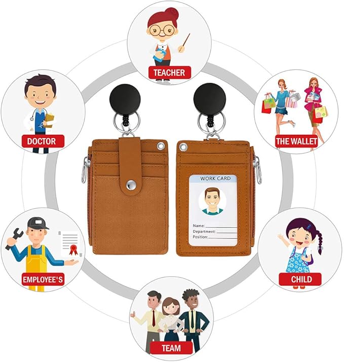 Cute ID Badge Holder Retractable Lanyard Reel Clip with Heavy Duty Carabiner, 5 Card Slots in 2 Sided with Key Ring and Zipper for Students Teens Boys Girls Office Staff Women (Brown)