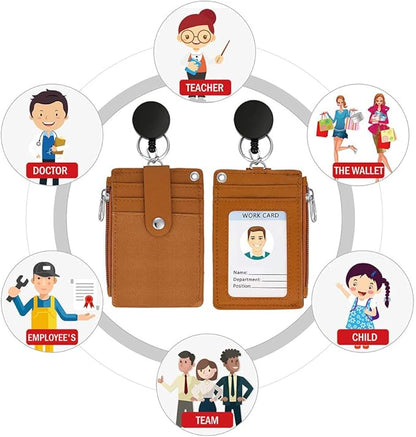 Cute ID Badge Holder Retractable Lanyard Reel Clip with Heavy Duty Carabiner, 5 Card Slots in 2 Sided with Key Ring and Zipper for Students Teens Boys Girls Office Staff Women (Brown)