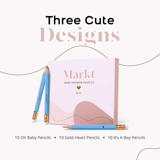 Markt Mini Pencils For Baby Shower Games Boy, Heart Pencils, Small Blue Pencil Set
