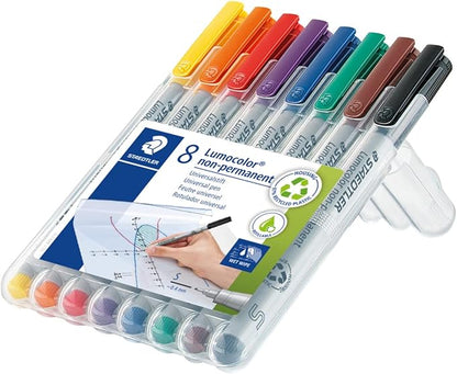 Staetdler Lumograph Non-Permanent Wet Erase Marker Pen, Low Odor Colored Markers, 8 Pack Assorted Colors, 311-WP8