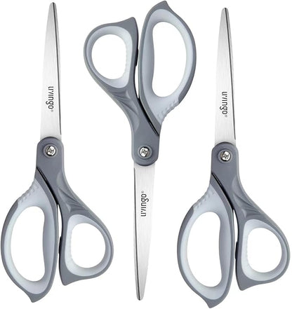 LIVINGO 3 Pack Scissors for Office: Sharp Stainless Steel Shears Heavy Duty All Purpose for Cutting Crafting Paper Fabric, Gray Comfort Handles, 8.5 Inches