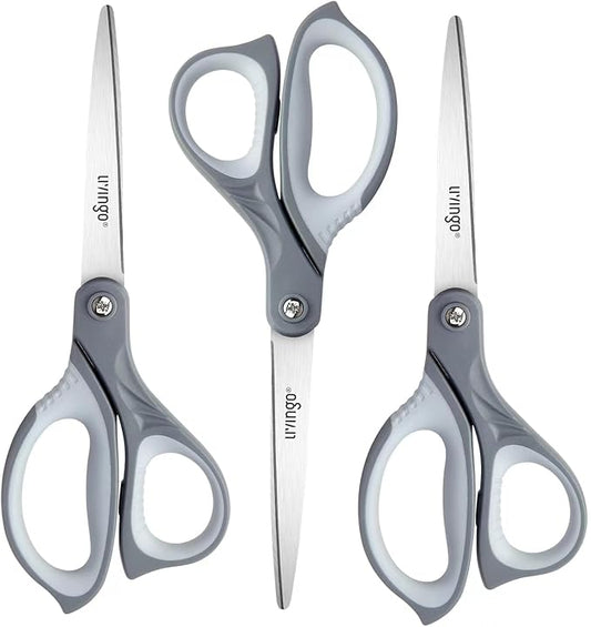 LIVINGO 3 Pack Scissors for Office: Sharp Stainless Steel Shears Heavy Duty All Purpose for Cutting Crafting Paper Fabric, Gray Comfort Handles, 8.5 Inches