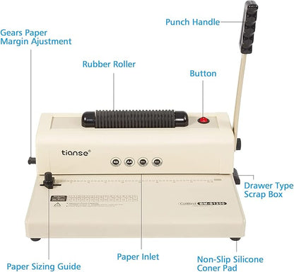 TIANSE Binding Machine, Spiral Coil Binder Machine, Electric Coil Inserter, 15 Sheets Punch Capacity, Suit for Letter Size / A4 / A5 Book Maker, with 100pcs 5/16'' Plastic Coil Binding Spines & Plier