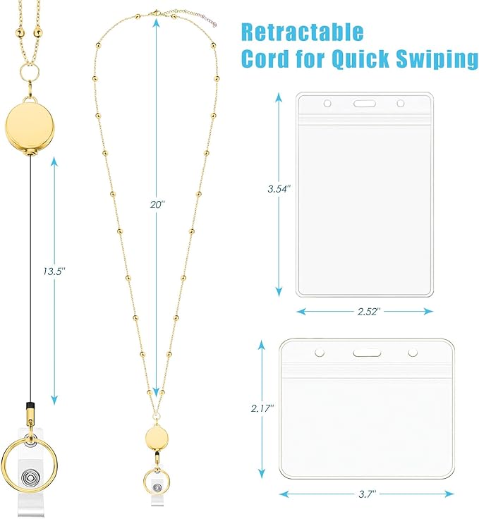Retractable Badge Reel Lanyard with 2 Pieces ID Holder for Women, Fashion Beaded Chain Premium Stainless Steel Lanyard Necklace Water Resistant Name Badge Holder (Gold)