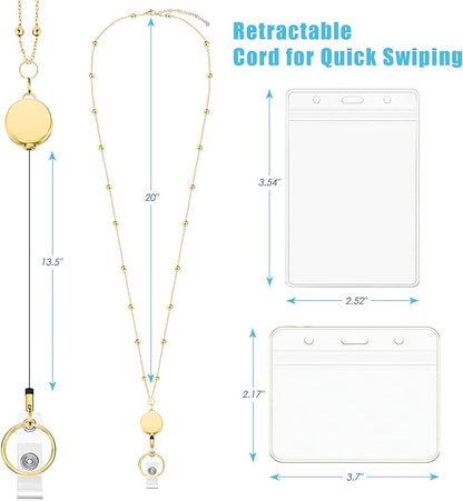Retractable Badge Reel Lanyard with 2 Pieces ID Holder for Women, Fashion Beaded Chain Premium Stainless Steel Lanyard Necklace Water Resistant Name Badge Holder (Gold)