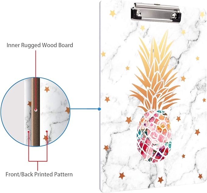 WAVEYU Clipboard, Pineapple Hardboard Office Clipboard, Cute Golden Decorative Clipboard with Low Profile Clip Chic Designed for Students Classroom School and Office Use, Pineapple (12.5"x9")