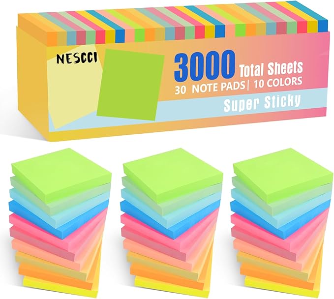 Sticky Notes,30 Pads,3x3 Inches, Colorful Self-Stick Notes Pads, Office Supplies,Perfect for Office, Study, and Daily Life Organization,100 Sheets/pad