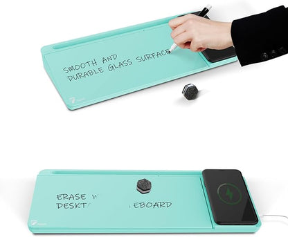 TOWON Desktop Glass Whiteboard with Charger Pad, Whiteboard for Desk with Charging Station, Desk Buddy Dry Erase with Charger for Home Office, Dry Erase Computer Desk Notepad, Teal Blue, 17 x 6 in