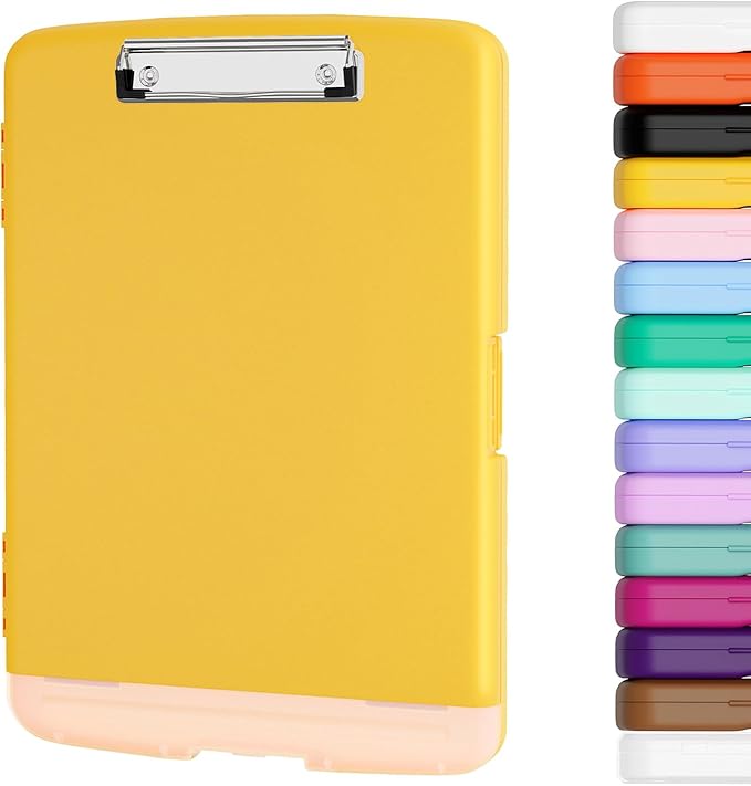 Piasoenc Clipboard with Storage, 8.5 x 11 Organization Box with Pen Holder and A4 Legal Paper Folder, Heavy Duty Plastic, Folio & Side-Opening, Low Profile Clip, for Nurses, Teachers, Yellow