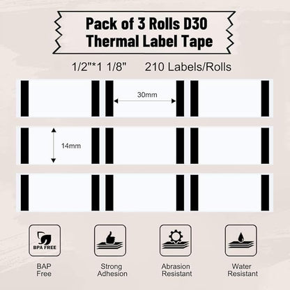 Phomemo D30 Label Tape, for D30 D35 Q30 Q30S Q31 Label Maker, Black on Transparent Clear Sticker Thermal Paper Self-Adhesive Label Maker Tape, 14mm x 30mm (0.55 x 1.18 Inch) 210 Labels/Roll, 3-Roll