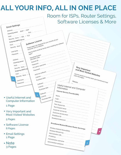 Password Keeper Book with Colorful Alphabetical Tabs, Hardcover Log Book for Internet Password and Website Address, Personal Organizer with Notes Section and Back Pocket and Two Bookmarks (Turquoise)