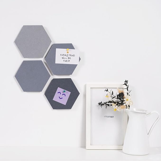 LAJAR 8 Pcs Hexagon Felt Bulletin Board Tiles, Self Adhesive Felt Pin Board Wall Tiles for Photos, Pictures, Memos (Light Gray)
