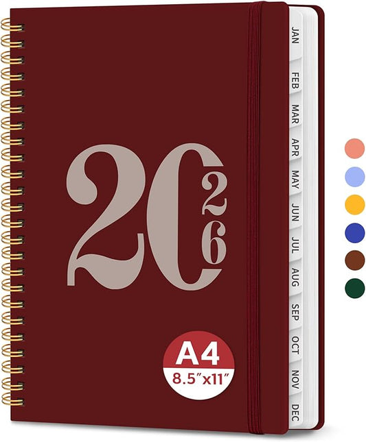 2026 Planner, Weekly and Monthly Calender Planner, Jan 2026 to Dec 2026, Hardcover 2026 Calendar Planner Book with Tabs & Inner Pocket, Office Home School Supplies for Women & Men - A4 (8.5" x 11"), Burgundy