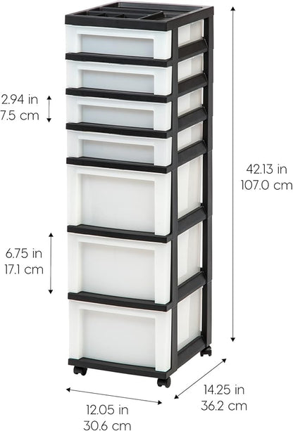 IRIS USA Plastic Drawer Storage Organizer Rolling Cart, with Wheels Casters, 7-Drawers, for Classroom Art Craft Supplies Dresser Closet Bathroom Bedroom, Top Organizer for Small Parts, Black/Pearl